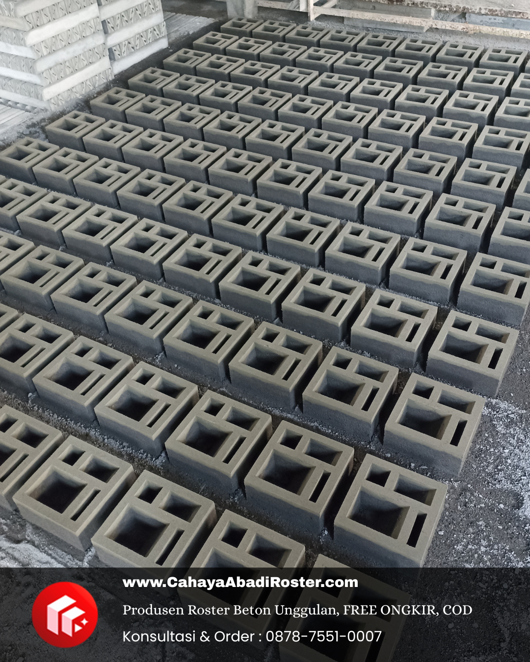 Tumpukan roster beton berkualitas siap kirim dari pabrik CahayaAbadiRoster.com.