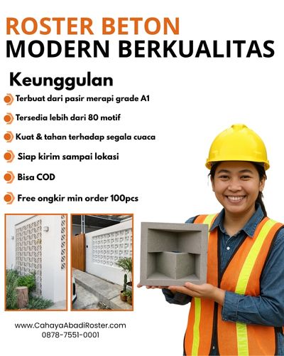 Rumah bergaya tropis modern di Cirebon dengan aplikasi roster beton pada fasadnya.