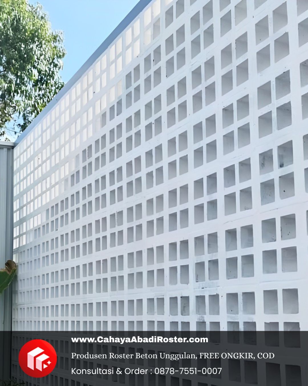 Detail desain roster beton anti tampias yang melindungi dinding dari hujan.