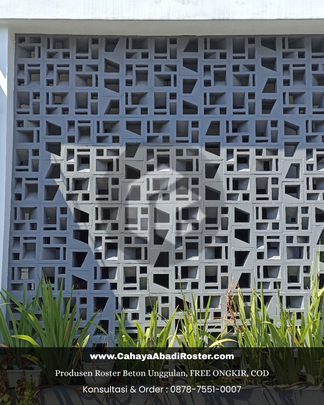 Detail roster beton 3D motif geometri yang cocok untuk bangunan di Majalengka.