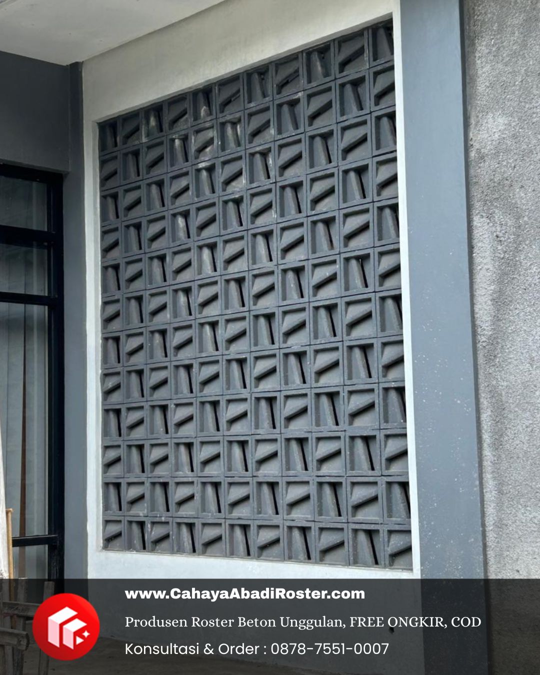 Roster beton anti tampias dengan motif geometri