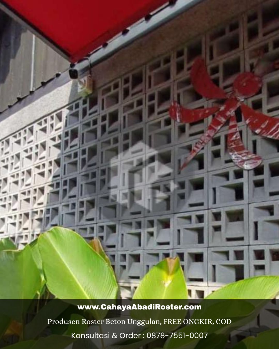 Aplikasi roster beton 3D motif bunga pada dinding